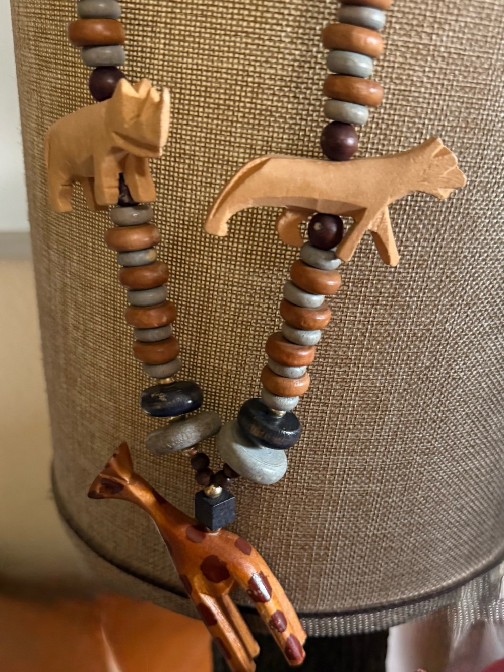 Vintage 27” Hand-carved African Safari Animals with Wooden Stone like beads